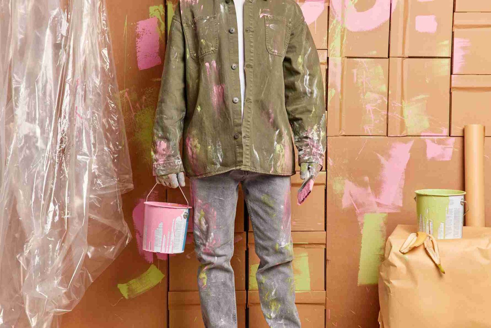 cropped image man painter holds bucket pink paint brush does quick repair house finishes painting walls room wears casual shirt jeans maintenance home improvement concept 1